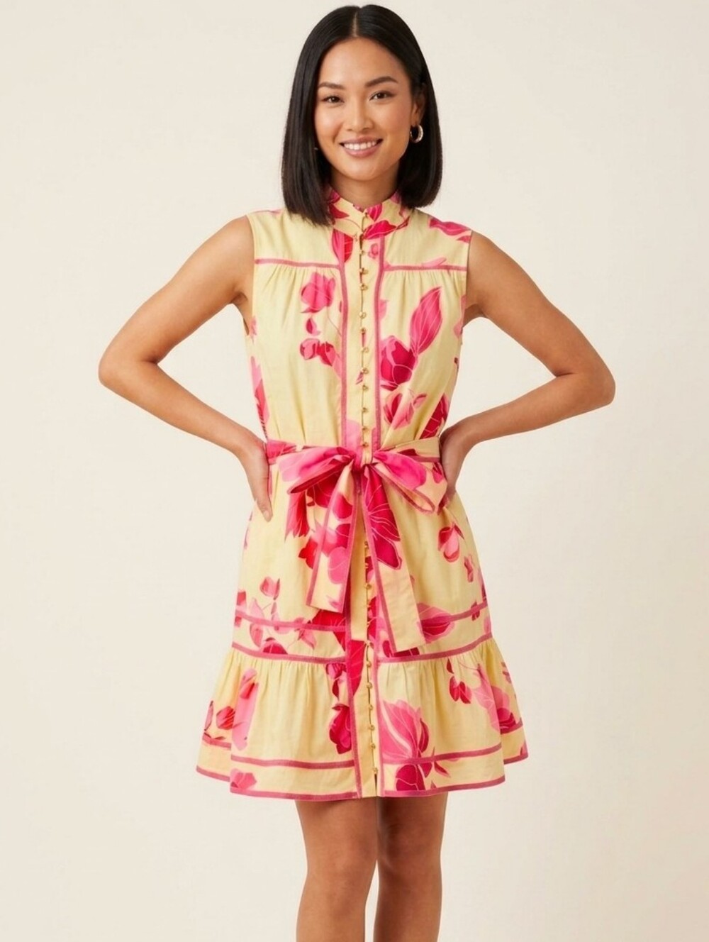 Sleeveless Floral Belted A-Line Dress in Yellow and Pink